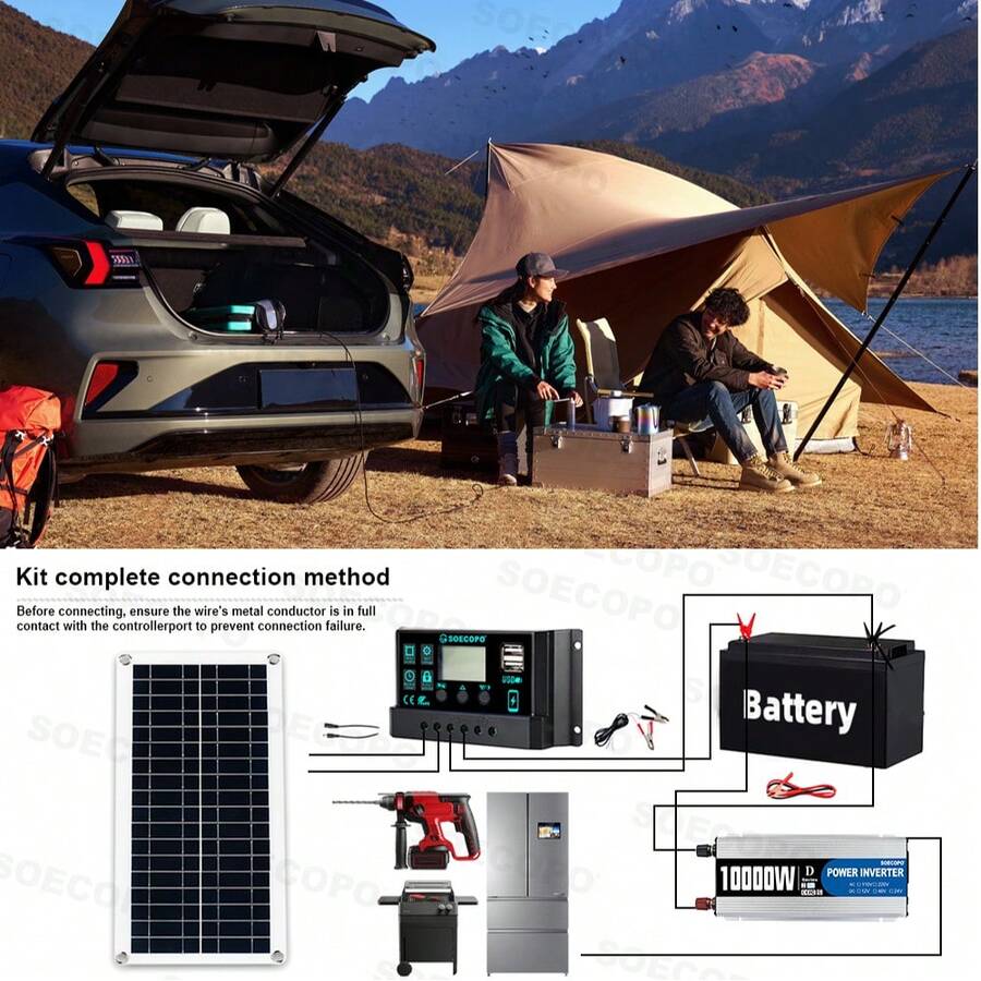 Sistema solar completo de 10000W 12V a 110V/220V con controlador de 100A, panel solar de 200W e inversor fuera de la red para uso doméstico/camping de respaldo