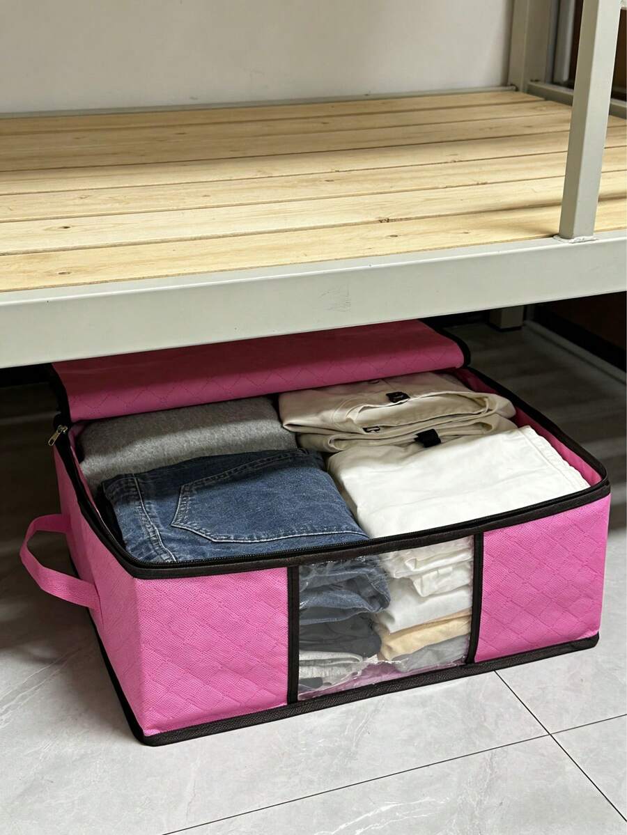 Non-Woven Fabric Storage Bag With Zipper And Handles, Space-Saving Collapsible Square Organizer For Clothes, Blankets, Comfortable, Classic Design, Sturdy Construction, Tear-Resistant Material, Home Goods, Stackable Organizer, Clothing Storage, Small Space Living - Multicolor - View 1