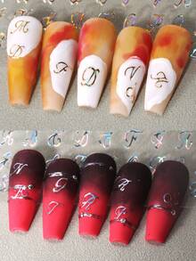 7pcs Gothic Style Nail Art Stickers, Mixed Colors (White, Black, Silver Letters, Old English Characters), DIY Nail Decoration Set - Multicolor - View 8