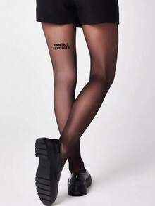 1件装女士黑色哥特式英文字母透明紧身裤，修身款，适合体重40-60公斤的女性 - 黑色 - 查看 6