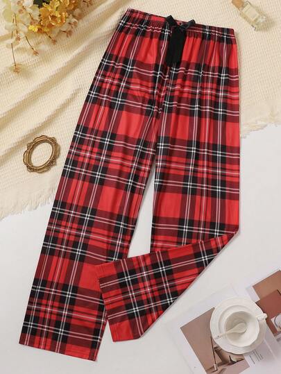 Vintage Plaid Red & Black Contrast Print Breathable Lounge Pants, Loose & Soft Pajama Pants For Women, Suitable For All Seasons