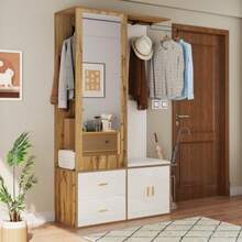 Elegant Wardrobe Set In White And Wood Tones With Mirror, Shoe Cabinet, Shoe Bench With Hooks And Extendable Clothes Rail - White - View 4