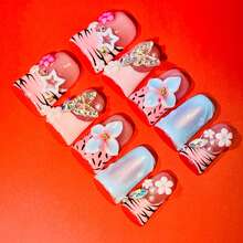 3D Blush Pink Zebra Print Pastel Flower Diamond Press-On Nails, Sweet Cool Pastel, Handmade Cute Stylish Nail Tips - Hồng - Xem 4