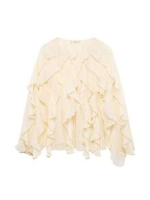 Women's Elegant Semi-Transparent Chiffon Ruffle Hem Blouse, Fashionable V-Neck Long Sleeve Spring Top - Beige - View 5