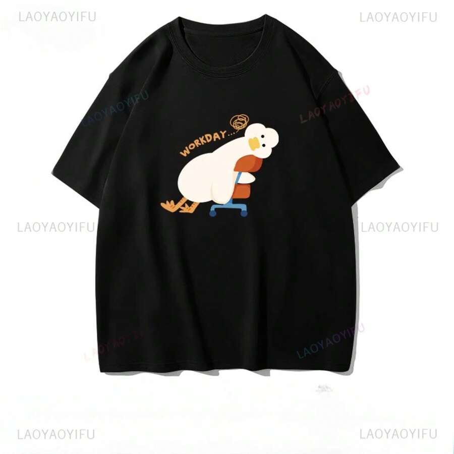 2026Trabajo Cansado Cansado Pato Divertido Camiseta de Manga Corta para Estudiantes Masculinos y Femeninos Pareja de Verano Kawayi Harajuku Camisas Streetwear - Negro - Ver 1