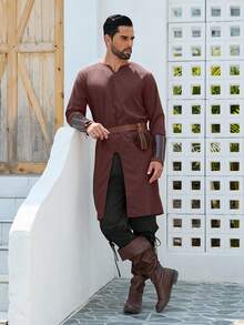 Men's Medieval Shirt, Halloween Cosplay Costume Long Sleeve Shirt - Rust Brown - View 3