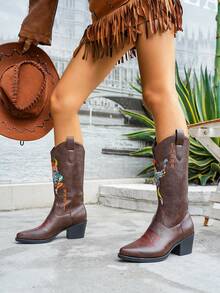 2026 New Fashion Women's Pointed Toe Chunky Heel Embroidered Western Cowboy Boots - Brown - View 4
