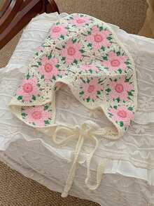 1条优雅钩编三角围巾 - 复古法式针织发带，粉色花卉图案，甜美可爱，外出旅行的完美头饰 | 花卉图案发带 | 精致钩编工艺，发带围巾，头巾，秋冬发带，女士节日配饰，女士发饰，优雅发带