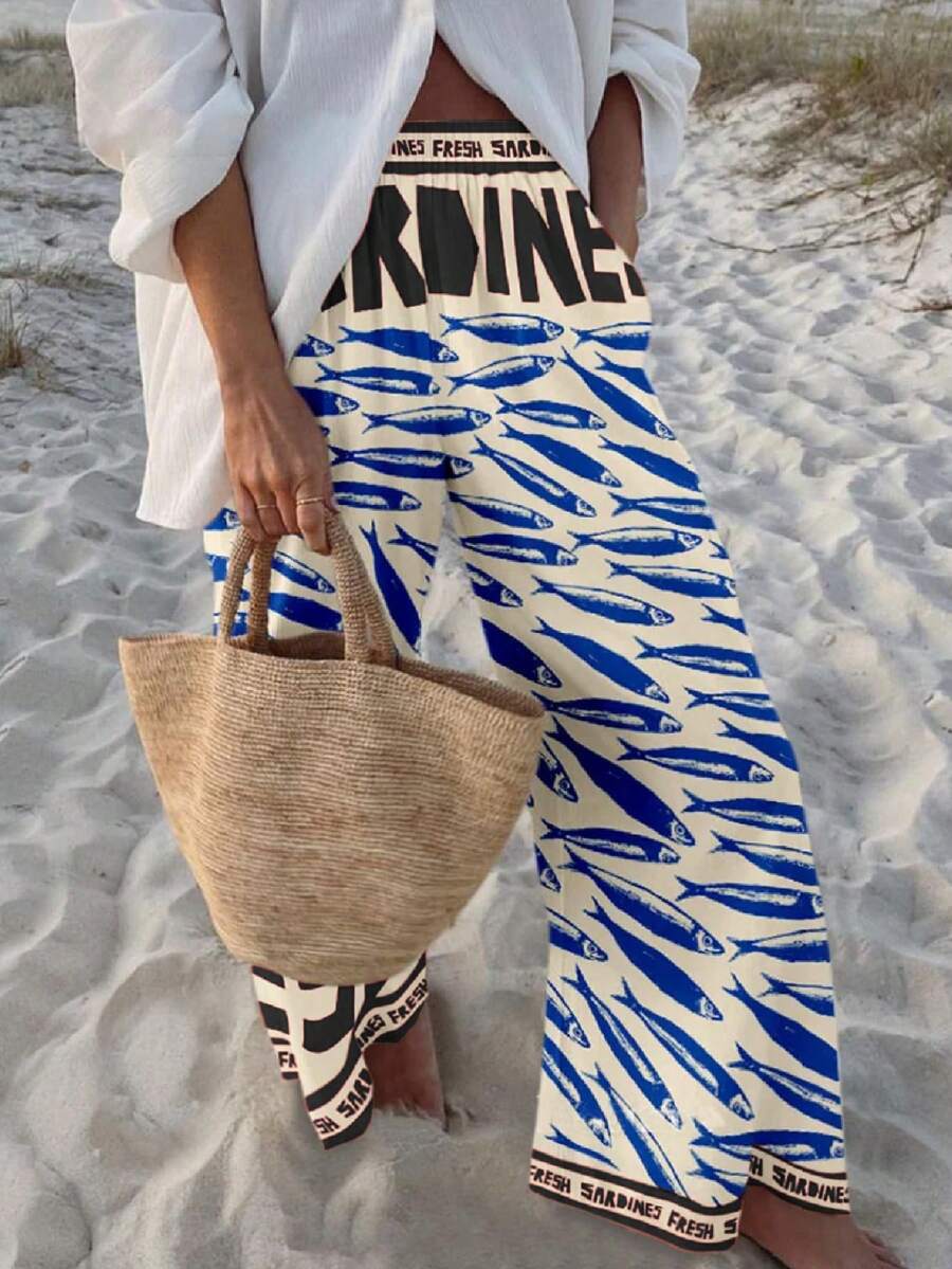 波西米亚风女式休闲时尚沙滩度假字母和海洋生物沙丁鱼印花宽松长裤，适合早午餐穿着，春夏款 - 黑色 - 查看 1