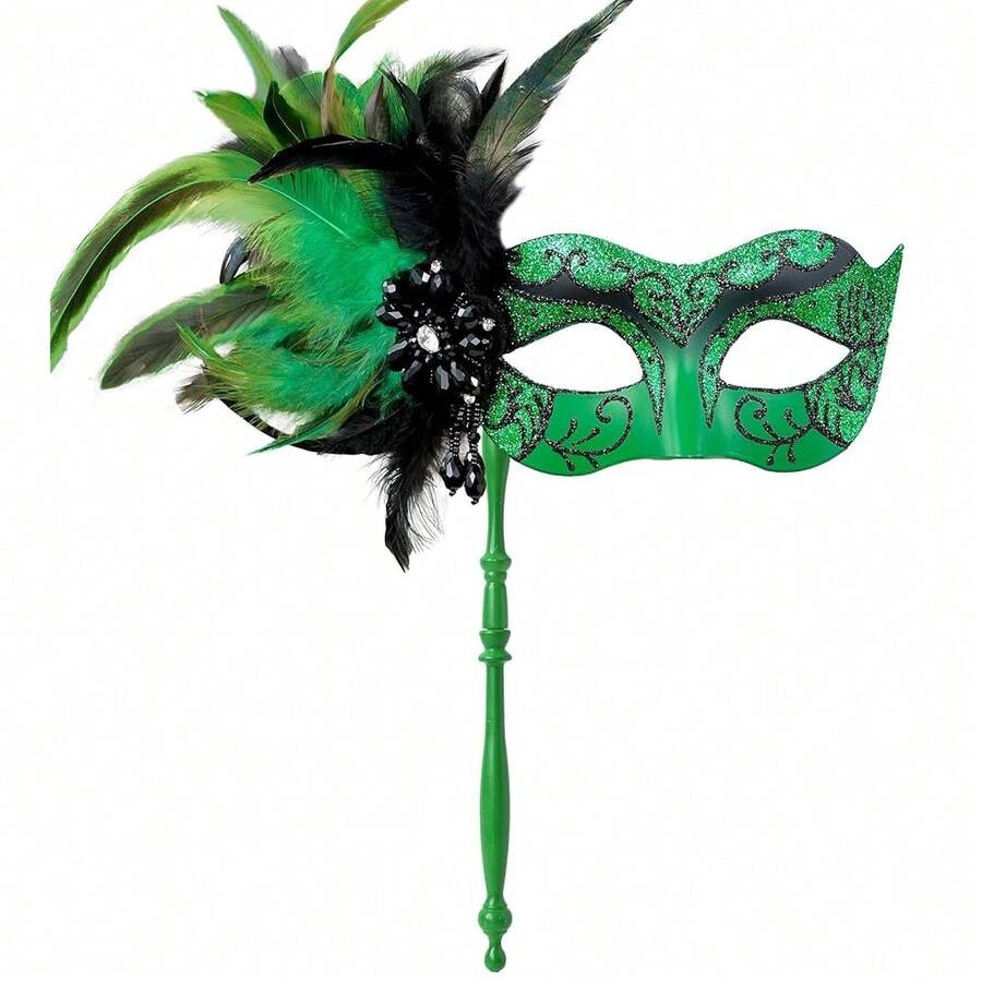 2025 New Masquerade Mask For Women With Stick - Shiny Women's Feather Mardi Gras Venetian Mask For Costume Accessory - 黑綠 - 查看 1