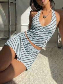 New Arrival Women's Elegant Halter Striped Set, Casual Beach Vacation Outfit, All Season - Light Blue - View 4