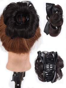 女士高马尾合成假发，带蝴蝶结发夹，卷发，高花苞头设计，适合女士日常佩戴和聚会场合。 - 彩色 - 查看 3