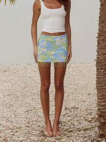 Women's Sparkle Sequin Colorful High Waist Mid Rise Party Mini Skirt Clubwear With Tassel - 藍色 - 查看 1