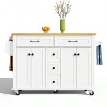 Kitchen Island With Drop-Down Front, Serving Cart With 3-Tier Pull-Out Organizer, Internal Storage Shelf, Rolling Trolley With Towel Rail And 2 Drawers For The Dining Room, White - 白色 - 查看 6