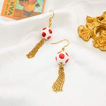 Fashionable Ceramic Basketball Tassel Earrings, 18K Gold Plated Stainless Steel Creative Earrings, Suitable For Women's Daily Wear Or Holiday Gifts - Red and White - View 5