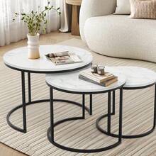 Modern Minimalist 3-Piece Nesting Side Table Set, Sofa Side Table, Living Room Center Coffee Table, Hotel Lobby Display Table, Reception Table, Multi-Purpose Storage Rack. White Marble-Patterned Wood Tabletop, Black Metal Frame, Can Be Stacked Or Placed Separately. - White Marbling - View 1