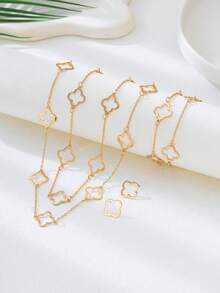 4pcs/Set Fashionable Elegant Four-Leaf Clover Pendant Necklace, Bracelet, Earrings Jewelry Set, Suitable For Women Daily Wear And Gifts - Yellow Gold - View 2
