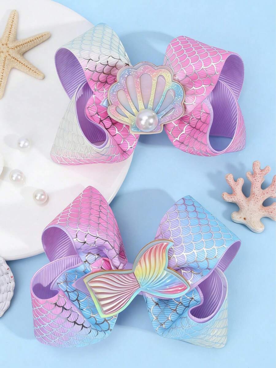 2 Stück Meerjungfrau Schuppen Haarspangen Set für Mädchen - Irisierender Muschelperlen & Meerjungfrau Schweif Dekor Haarspangen, Farbverlauf Satinband Alligatorspangen, Ozean Themen Party Kinder Haarschmuck - Verschiedenfarbig - Übersicht 1