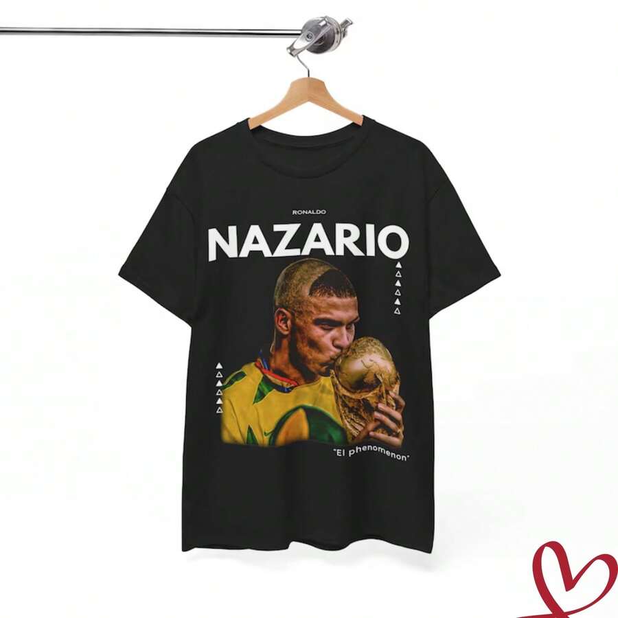 Graphic Ronaldo Nazario T-Shirt, 2002 World Cup Winner, Brazilian Soccer T-Shirt, Bootleg Vintage Sport Tee, Cotton Tee - 黑色 - 查看 1