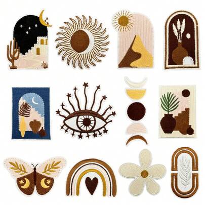 12pcs/Set Brown Mixed Style Embroidered Patches, Iron-On Applique Dress Clothing Repair Decorative Badges
