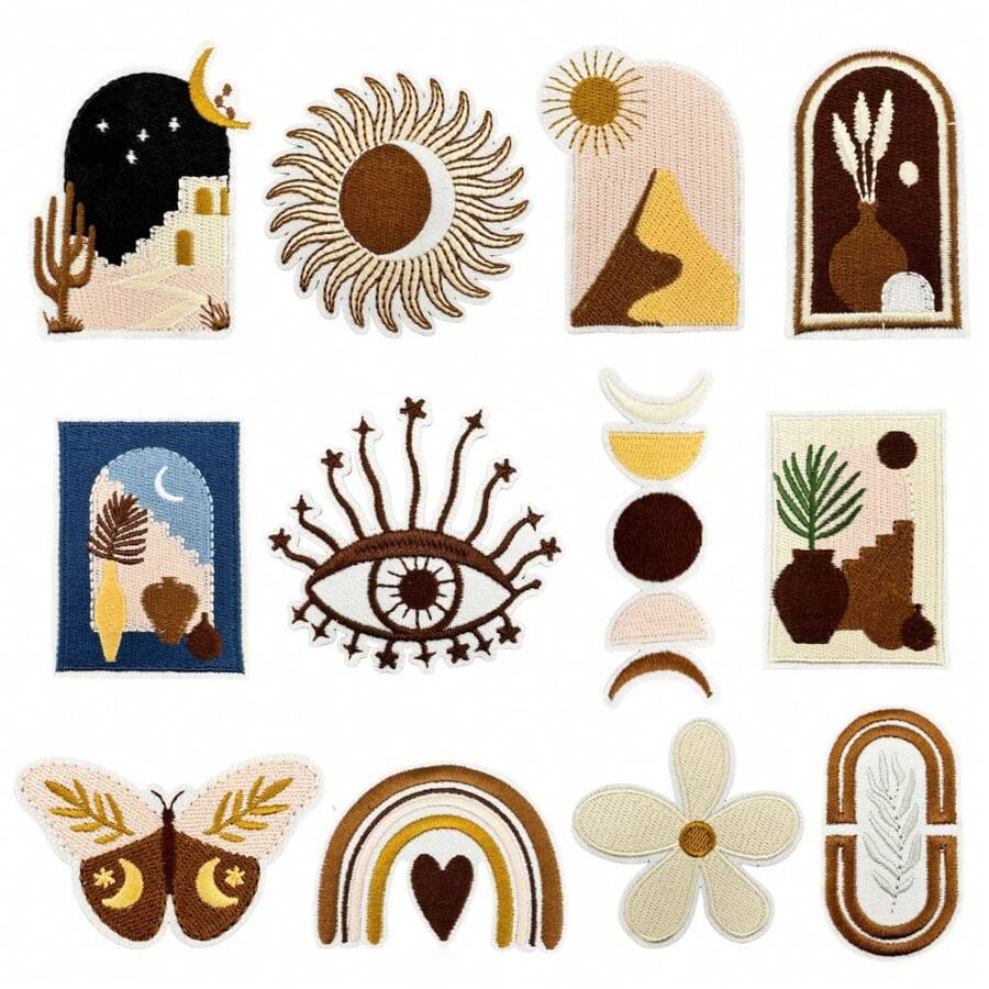 12pcs/Set Brown Mixed Style Embroidered Patches, Iron-On Applique Dress Clothing Repair Decorative Badges - 12 Brown Fabric Patches - View 1