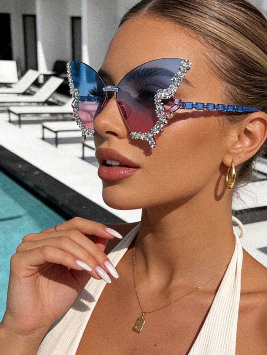 1 قطعة نظارات أزياء مرصعة بالكريستال اللامع على شكل فراشة، نظارات أزياء لامعة للنساء، مناسبة للحفلات والسهرات والاستخدام اليومي - مطابقة لون لون الإطار - مشاهدة 1