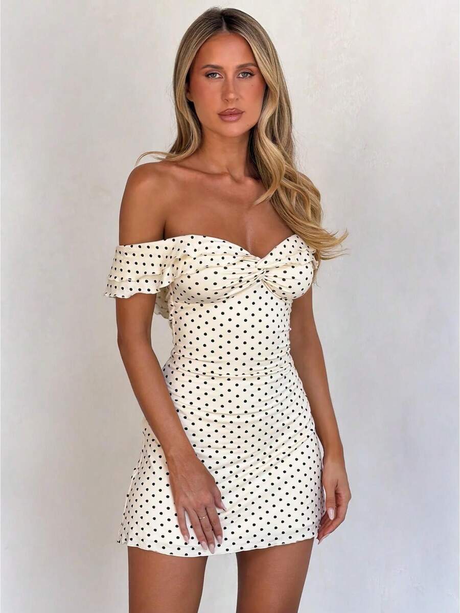 Awevudst Women Polka Dots Off Shoulder Bodycon Mini Dress Ruffle Hem Boat Neck Twist Front Slim Fitted Cocktal Party Short Dress Summer Beach Dress Party Clubwear - 飯白色 - 查看 1