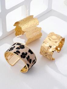 3pcs/Set Fashionable Geometric Leopard Print Metal Bangle Bracelet Set For Women, Everyday Wear - Yellow Gold - View 3