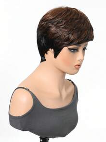 Ombre Brown And Black Short Straight Chic Pixie Cut Blended Wig With Bangs 150% Density 6 Inches Blend Hair Wig Suitable For Daily Party Festival And Cosplay Wigs For Women Hairstyle - S1/4 - View 4