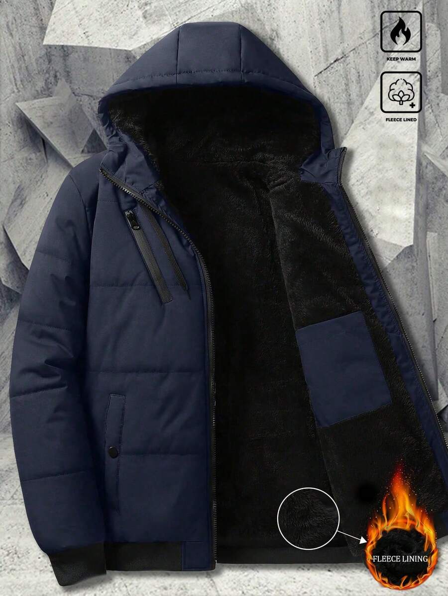 Men's Outdoor Casual Sports Fashionable Zip-Front, Multi-Pocket Hooded Thick Fleece Jacket, Suitable Gift For Boyfriend, Husband, Father, Autumn/Winter - Blue - View 1