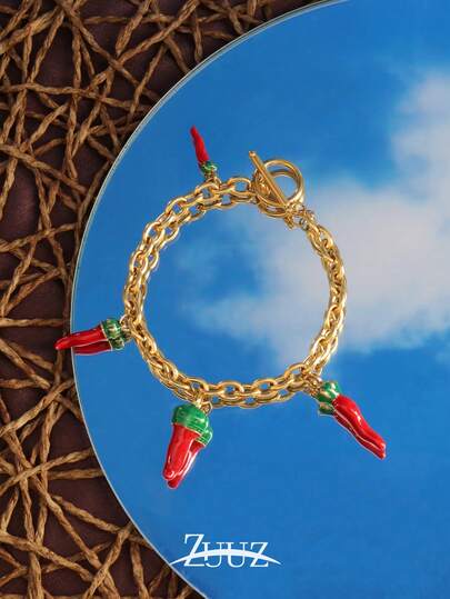 1pc Bohemian Style Stainless Steel Bracelet With Chili Pepper Pendant, Women Jewelry, Party Gift, Chain Bracelet, Suitable For Daily Wear
