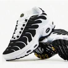Promoçao Tenis Air TN Plus Max Premium Vapor Bolha Amortecedor Molas Festa Academia e fitness Treino Corrida.  Desportivo    Amarrar  Tecido vazado    Academia e fitness - BRANCO E PRETO - Visão 1