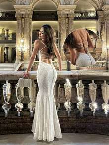 Long Elegant Backless Knit Bridesmaid Dress, Spaghetti Strap Sleeveless Design, Slightly Stretchy, Suitable For Parties And Vacations - White - View 6