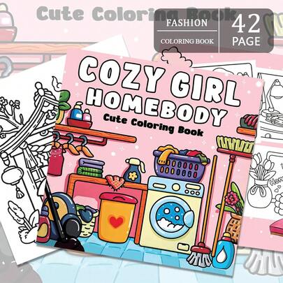 42页 - 210克，女孩日常治愈系涂色书，柔软纸张，甜美治愈风格，家居清洁场景，粉色和黄色配色方案，心形垃圾桶细节，舒缓压力涂色，适合文具、学习用品，送给女孩的绝佳礼物，情人节、新年礼物