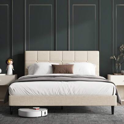 Bednew Bed Frame Beige, Deluxe Upholstered Bed With Headboard, Heavy-Duty Construction, Reinforced Slats For Lasting Support, Ample Underbed Storage, No Box Spring Required