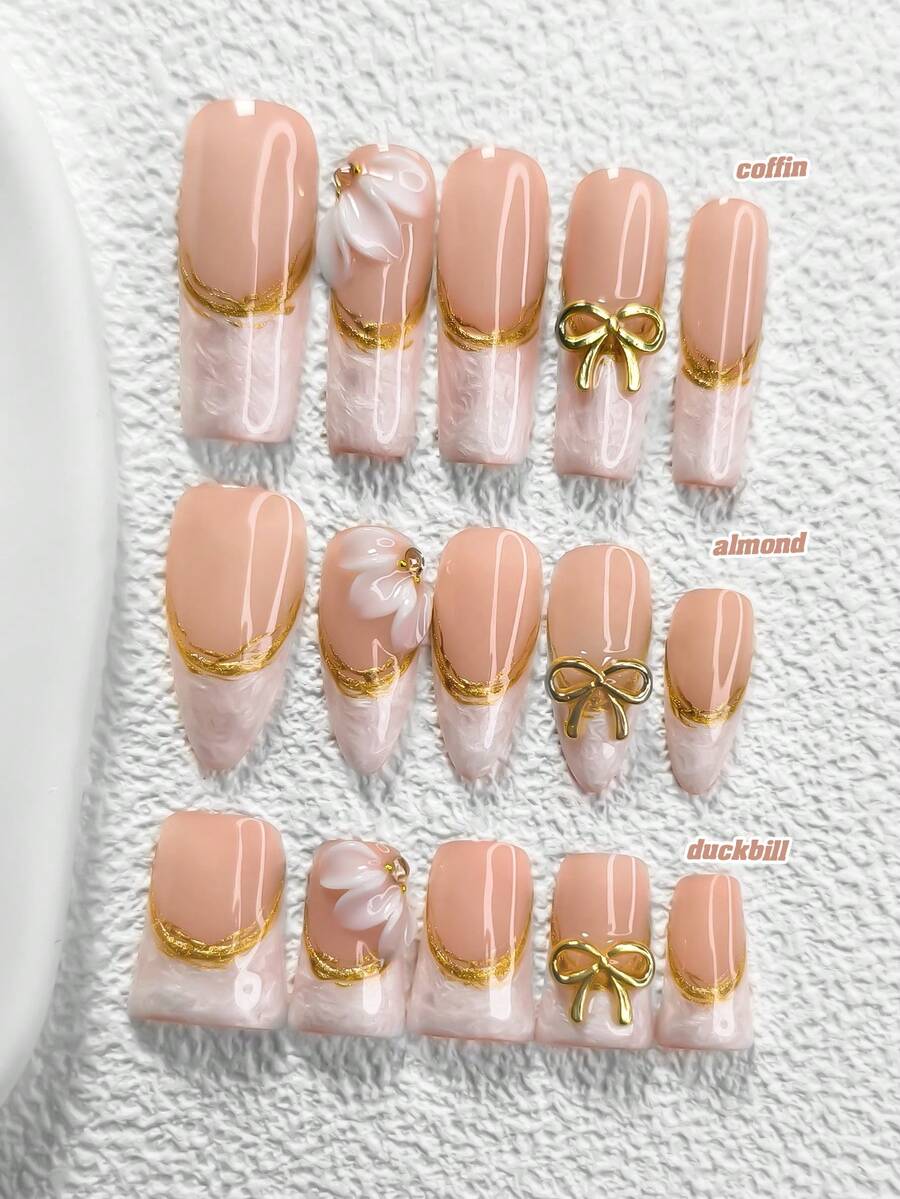 10pcs Romantic French Manicure Stickers, Handmade Nail Art Set, Gold Bow Nail Decor, "White Moonlight" Nail Art, Handmade Floral Artistic Decor, Gold-Plated White Spiral Pattern Gel Manicure, 3 Sizes Available: Almond, Duck Mouth, Coffin, Includes Tool Kit, Suitable For Women And Girls, Suitable For Parties, Celebrations, Birthdays, Weddings, Daily Wear Nails Nail Supplies Handmade Press On Nails - 彩色 - 查看 1