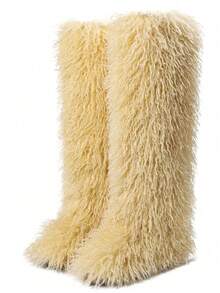 Women's Winter Knee High Boots Pull-On Faux Fur Round Toe Strap Boots For Women Comfy Plush Warm Outdoor Indoor Flat Shoes Punk Party Dressy Furry Fluffy Winter Autumn Fall Boots - 長款黃色1 - 查看 9