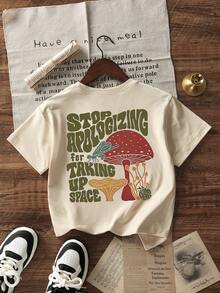 Tween Girls Students Casual Printed Round Neck Short Sleeve T-Shirt, Summer Top - Apricot - View 3