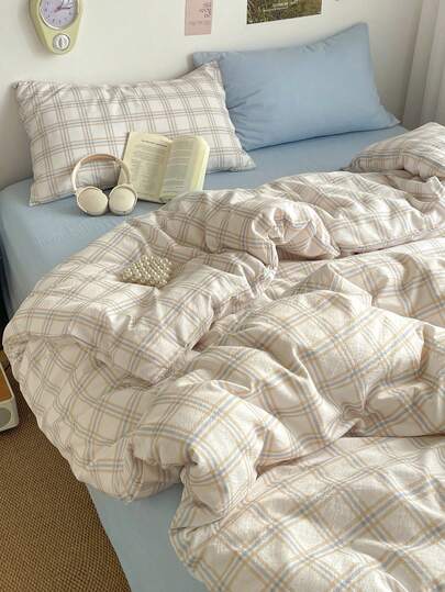 4件套经典简约日式浅蓝色格子被套床品套装，柔软舒适，可拆卸双层纤维被芯（1个被套+1个床单+2个枕套，不含被芯和枕头），男女通用，卧室装饰，节日礼物，单人/双人尺寸，枕套图案随机裁剪