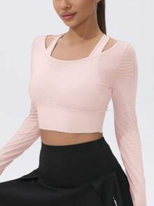 1件装女士网眼长袖短款瑜伽运动T恤，内置胸垫