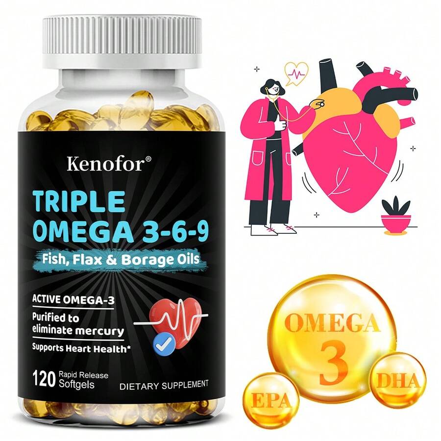 Kenofor Triple Omega-3, 6, And 9 Fatty Acids - Beneficial For Overall Health, Skin, And Mood Improvement - Suitable For Both Men And Women - 120 Softgel Capsules - 1 chai - Xem 1