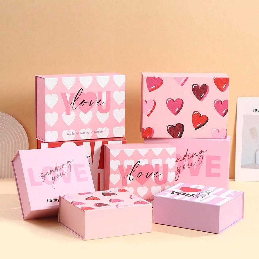 浪漫心形礼盒套装 - 粉色底红色爱心图案及爱情语录，适用于情人节、周年纪念日及求婚 - 彩色 - 查看 1