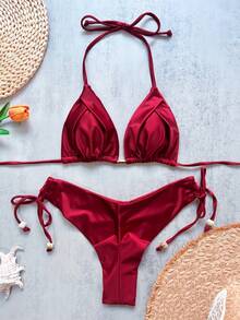 Women's Solid Color Nylon Shiny Fabric Halter Bikini Set For Vacation Beach Red Summer - Red - View 3