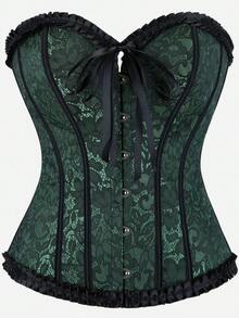 1pc Emerald Green Lace Bustier Crop Top, Heart Neckline With Ruffle Trim, Front Button Closure And Tie Waist Design, Slimming - Green - View 2