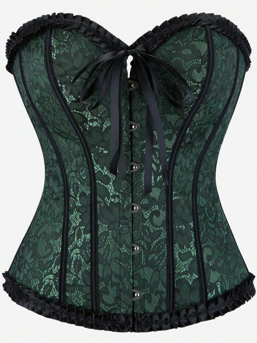 1pc Emerald Green Lace Bustier Crop Top, Heart Neckline With Ruffle Trim, Front Button Closure And Tie Waist Design, Slimming