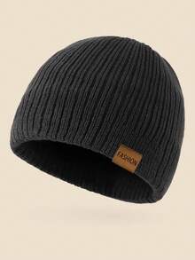 1pc Unisex Fashion Leather Label Thermal Lined Thick Knit Beanie Hat, Men's Winter Warm Brimless Cap, Soft Comfortable Minimalist Suitable For Cold Weather, Casual, Party, Hiphop, Camping, Versatile - D - View 11