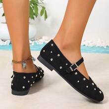 2026 Hollow Rivet Round Toe Flat Fashion Versatile French Retro Ballet Shoes, Warm Shoes - Black - View 5