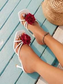女士时尚休闲优雅方头花卉PU条纹套脚舒适日常夏季红色高跟凉鞋 - 紅色 - 查看 3