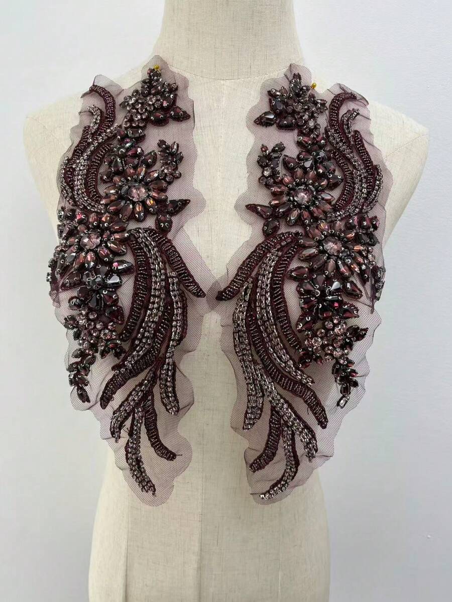 一对奢华手工水钻刺绣花卉贴花，适用于晚礼服、婚纱、舞蹈服、西装，闪亮且易于缝制或粘贴。 - 深紫色 - 查看 1