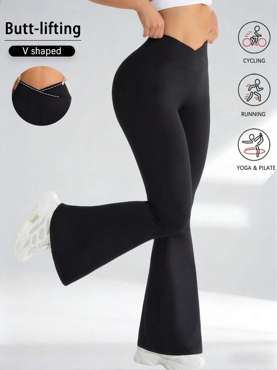 Women V Shaped Cross Waistband Yoga Legging Flare Leg For Women High Waisted Bootcut Yoga Pants Wide Leg Yoga Pants Stretchy Work Pants For Workout Athletic Running Cycling Yoga Pickleball Exercise Casual - 黑色 - 查看 1
